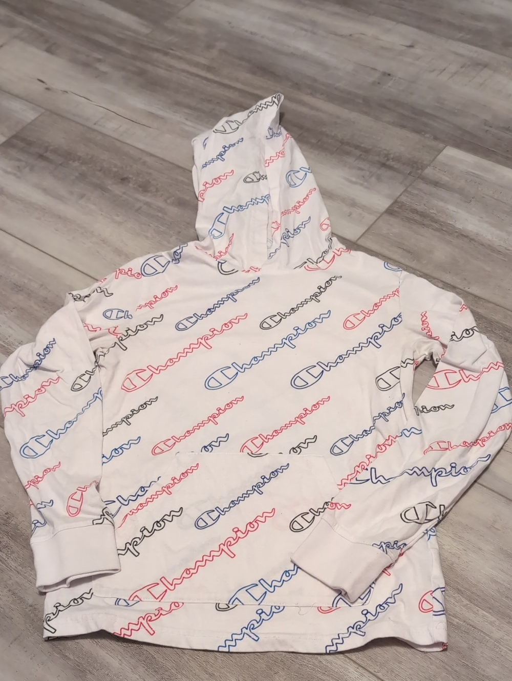 Champion White Hooded Tee with Red, Blue & Black Logo Script